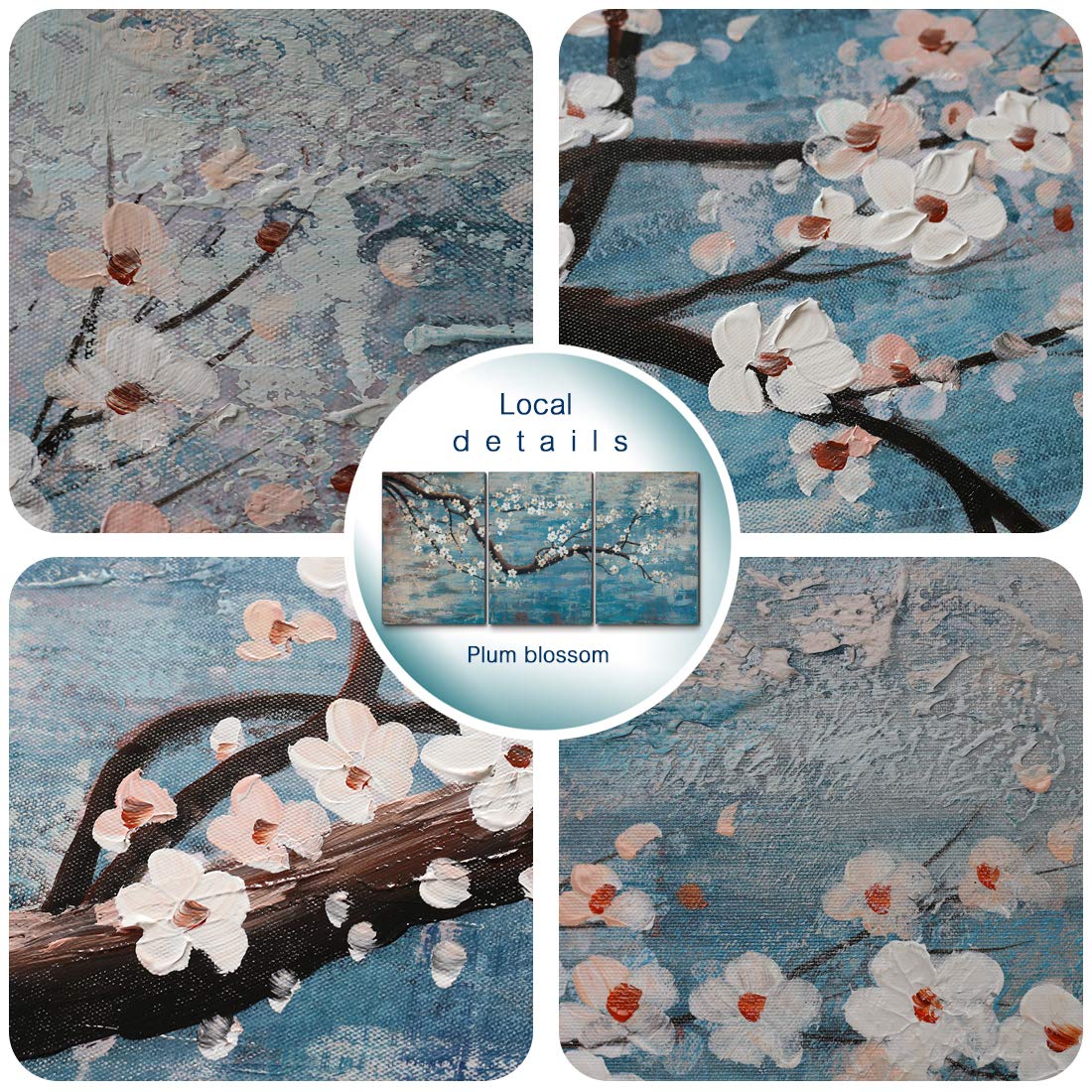 amatop Extra Large Wall Art for Living Room 100% Hand-Painted Framed Decorative Plum Floral Oil Painting Set Decorative Modern Blue Tree Artwork Ready to Hang