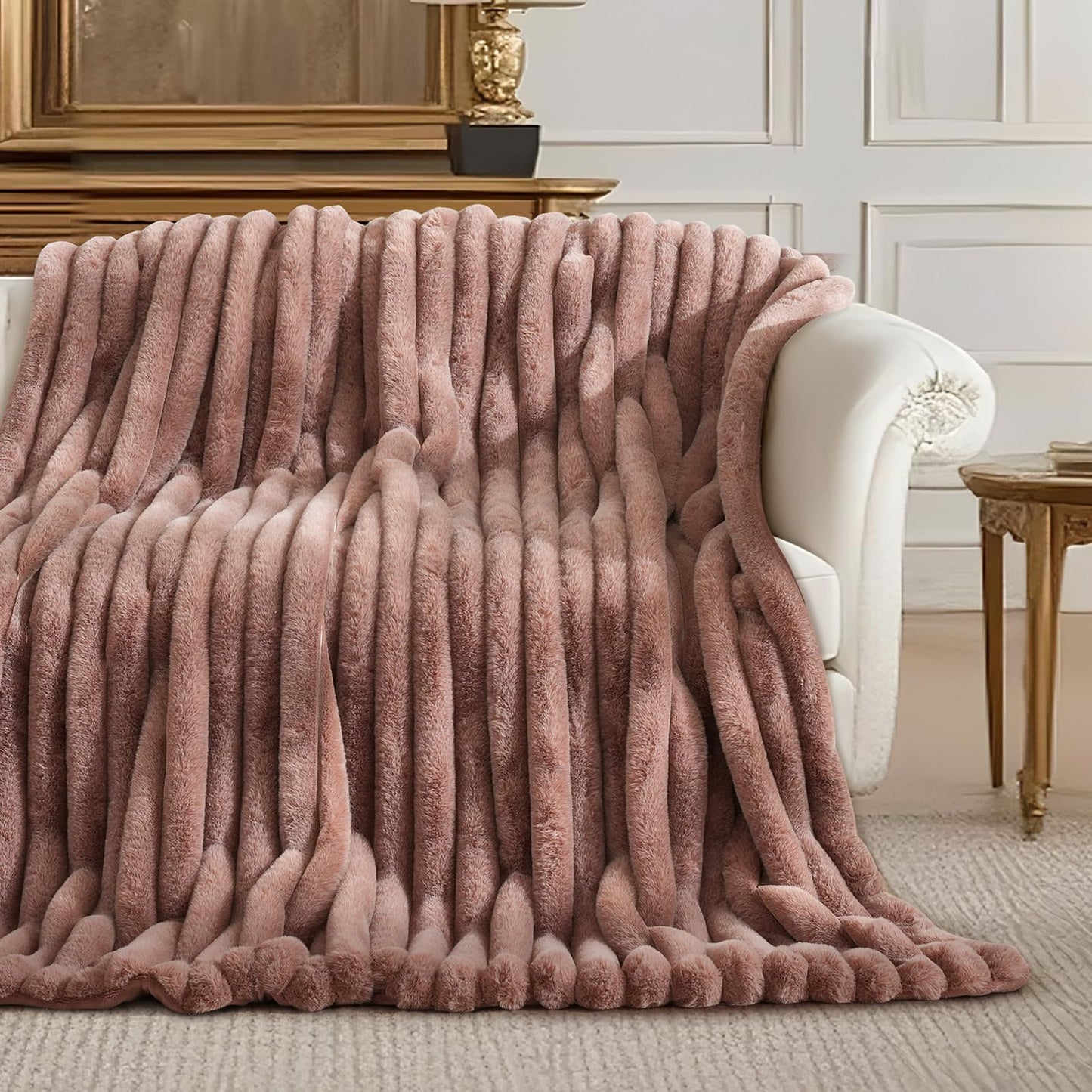 Amelie Home Faux Fur Throw Blanket for Couch, Ultra Cozy Fuzzy Fluffy Fur Luxurious Soft Striped Plush Gift Blankets for Family Sofa Chair Bedroom, 55"x70", Ionic Fox Brown