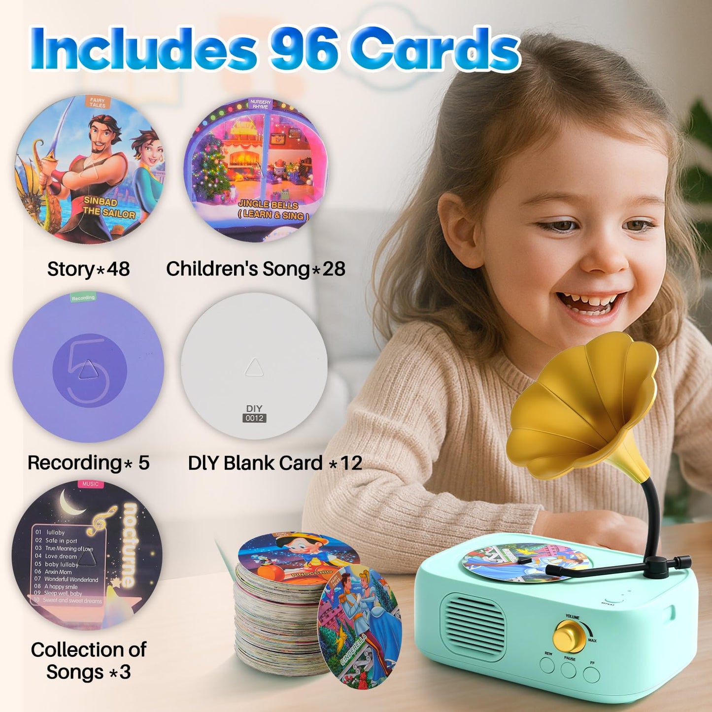 yimido Kids Phonograph Toddler Record Player, with 96 Learning Cards, Early Education Machine Record Player Music Box Storyteller pop Speakers, Gift for Boys and Girls