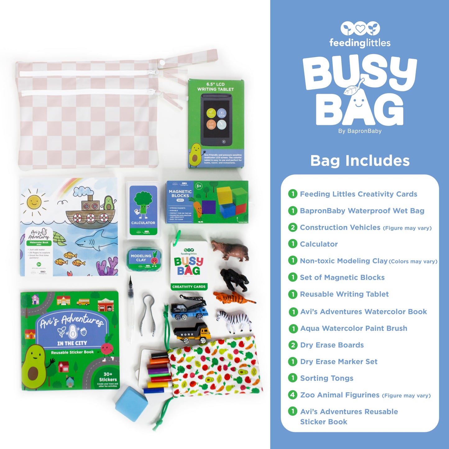 Feeding Littles Busy Bag by BapronBaby (Pink Checkerboard) - Toddler Travel Activity Kit, Restaurant Activity Kit for Independent and Family-Wide Play, Age 3+