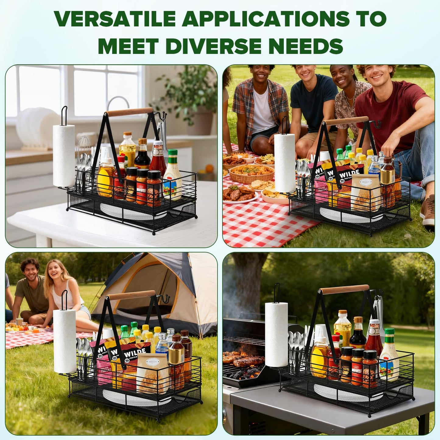RACOBOT Grill Caddy, BBQ Caddy with Paper Towel Holder, Blackstone Griddle Organizer, Plate and Utensil Holder Organizer for Outdoor Grill, Picnic, Camping, Condiment Storage for Kitchen Counter