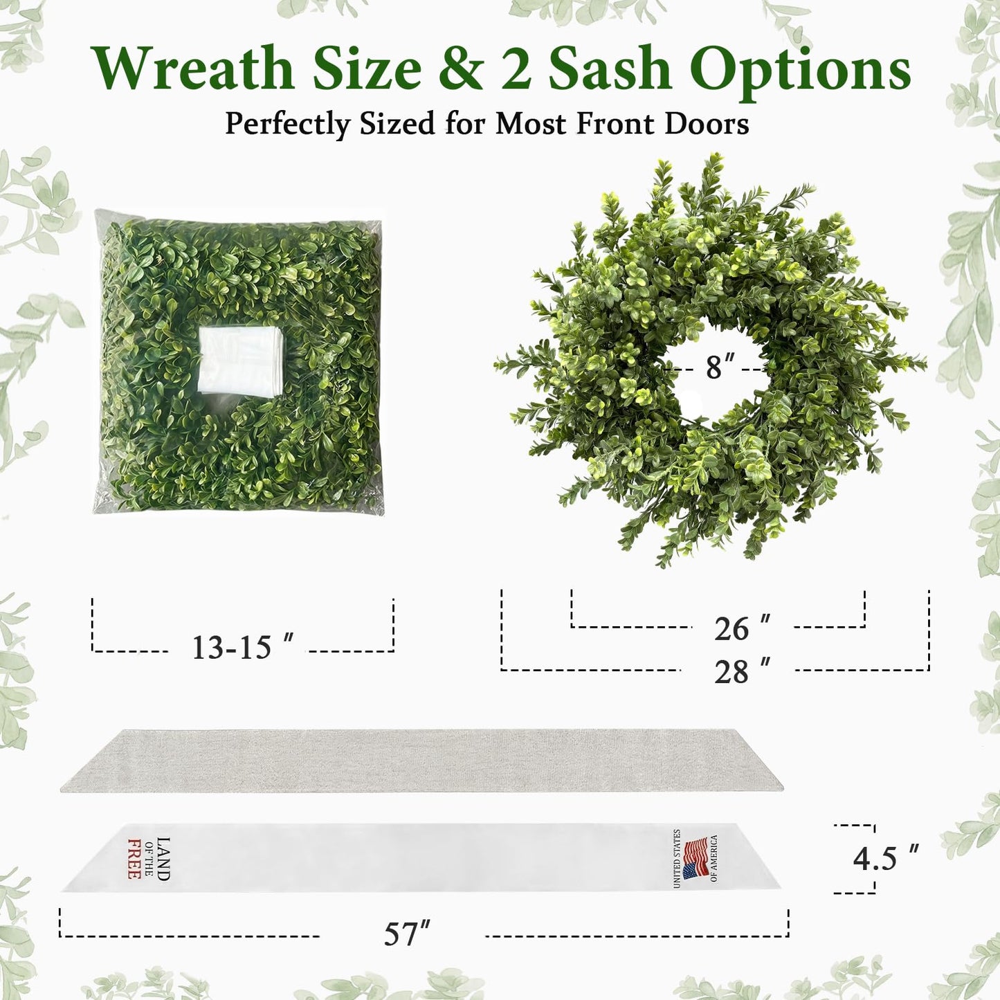Presentastic 26 Inch Large Boxwood Wreaths for Front Door, Spring & Summer Artificial Wreath with Patriotic & Burlap Sash, Faux Greenery Year-Round Farmhouse Wedding Porch Window, Indoor Outdoor Decor