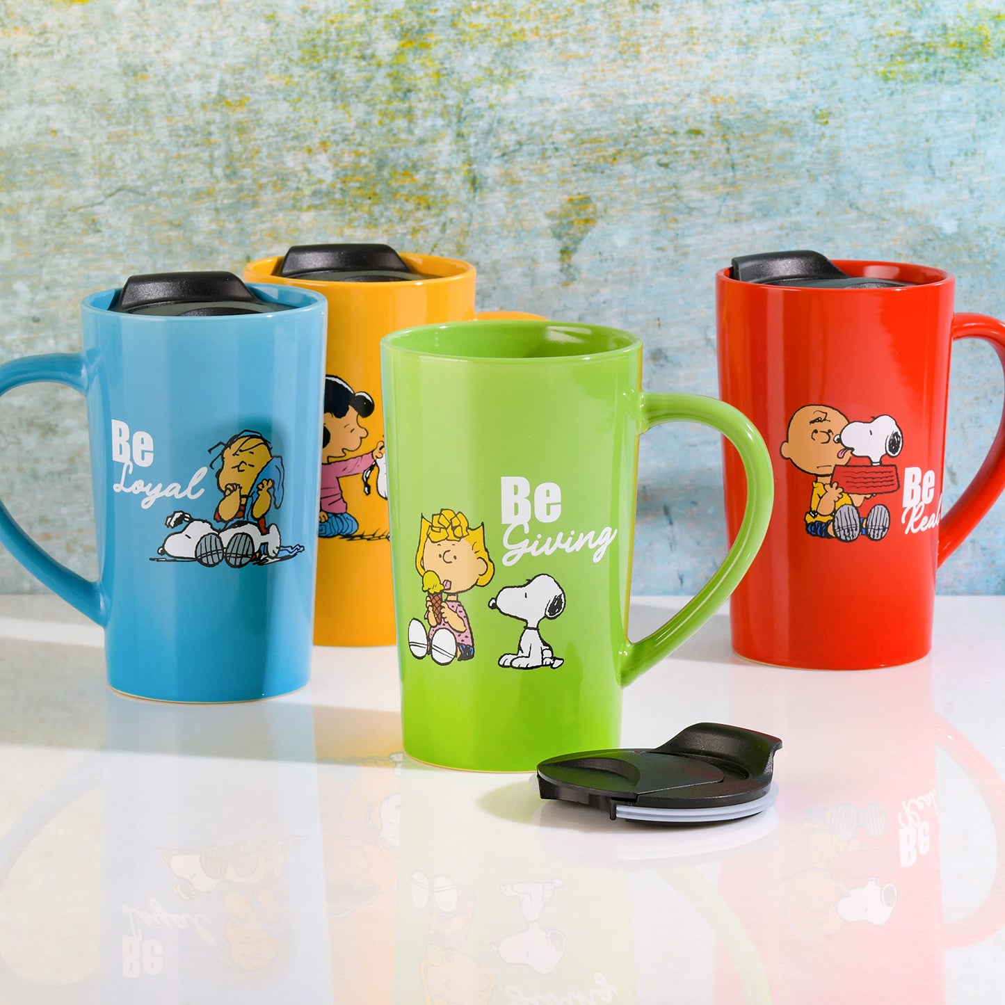 Peanuts Snoopy Gentle Reminders 18oz Stoneware Travel Cups with Lid, 4-Pack, Assorted Colors, Reusable Coffee Mug Set