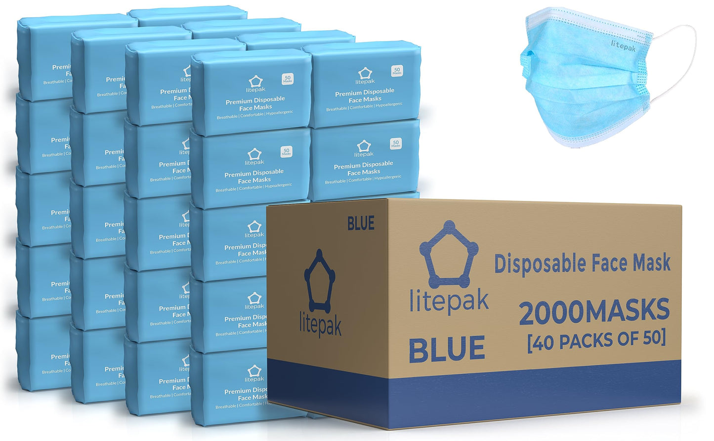 2,000pcs Disposable Face Masks- 3 Ply Breathable Mask For Adults - Blue (40 Packs of 50)
