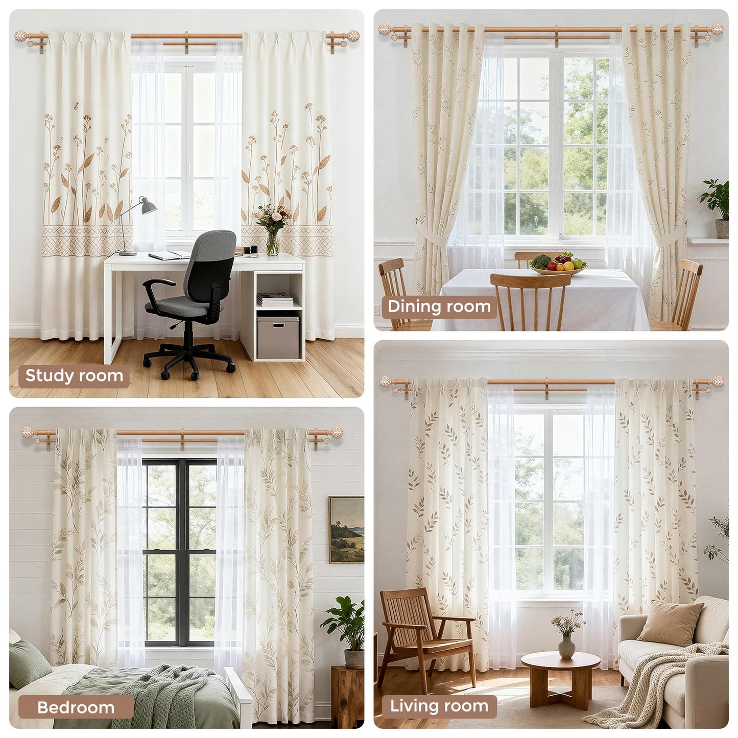 Wood Double Curtain Rod 36-122 Inch, Boho Decorative Long Dual Curtain Rods for Windows, 1" Adjustable Heavy Duty Double Rod, Unique Handmade Imitation Wood Grain Leaf Finial Design