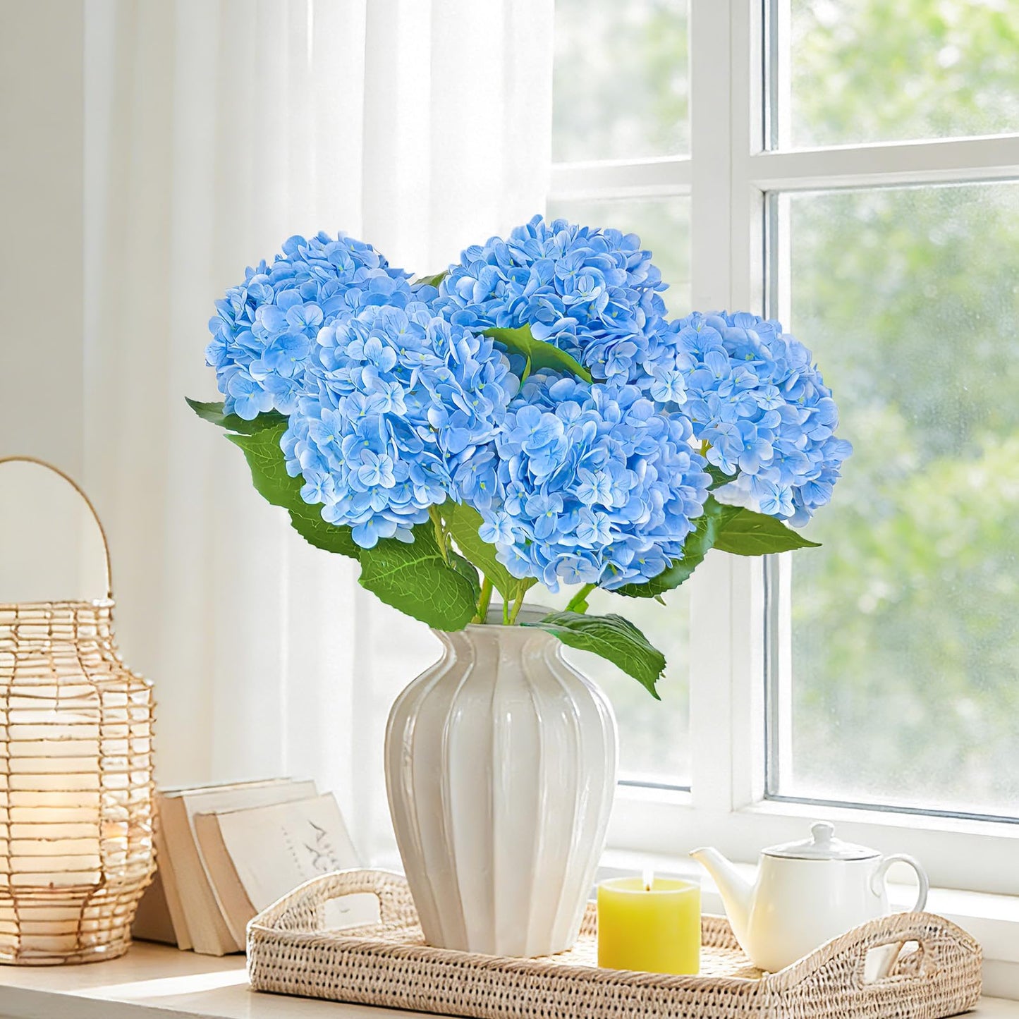 Cherica 6 Pcs Real Touch Blue Hydrangea Artificial Flowers with Stems, Fake Silk Flowers for Outdoors, Artificial Flowers for Home Decor Wedding Bouquets Centerpieces Vase