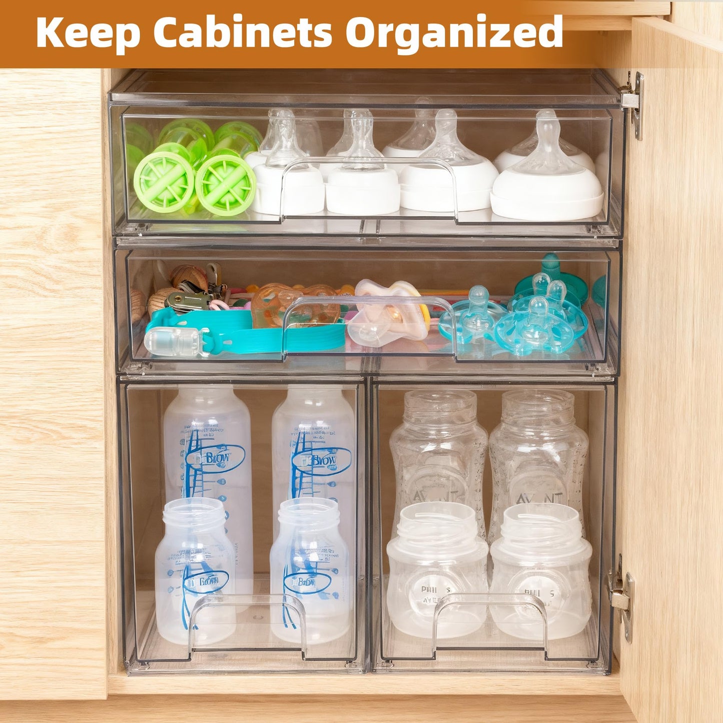 Baby Bottle Organizer, 4 Pack Stackable Storage Drawers with Labels, Clear Station Organizers Container for Pacifiers, Pump Parts, Desk Organizer Bins for Bathroom, Cabinet, Pantry, Vanity, Countertop