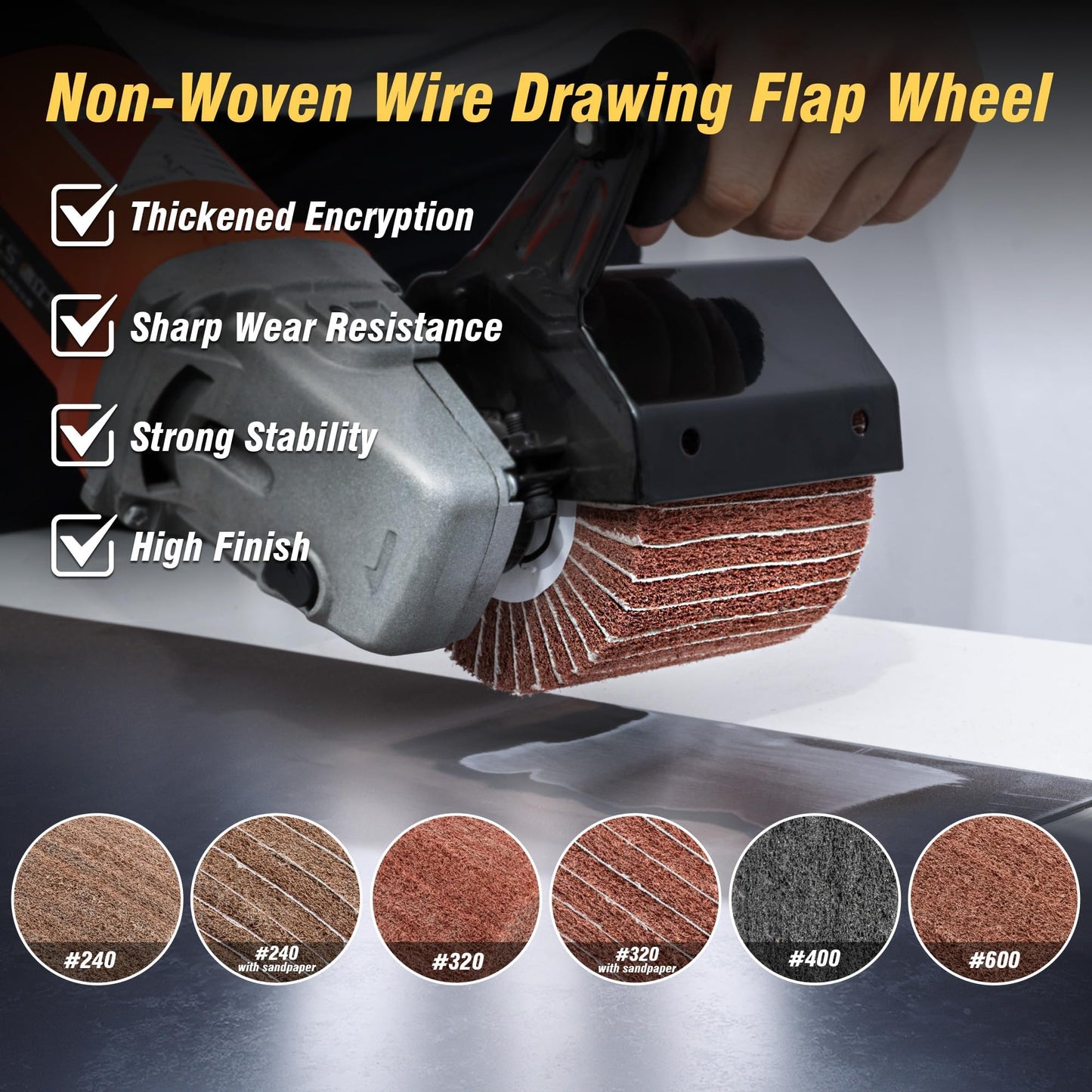 6 Pcs Non-Woven Wire Drawing Flap Wheel for Polishing Burnishing Wheels, 120x100mm 240/240SP/320/320SP/400/600 Grit for Stainless Steel, Copper and Surface Conditioning Wheel