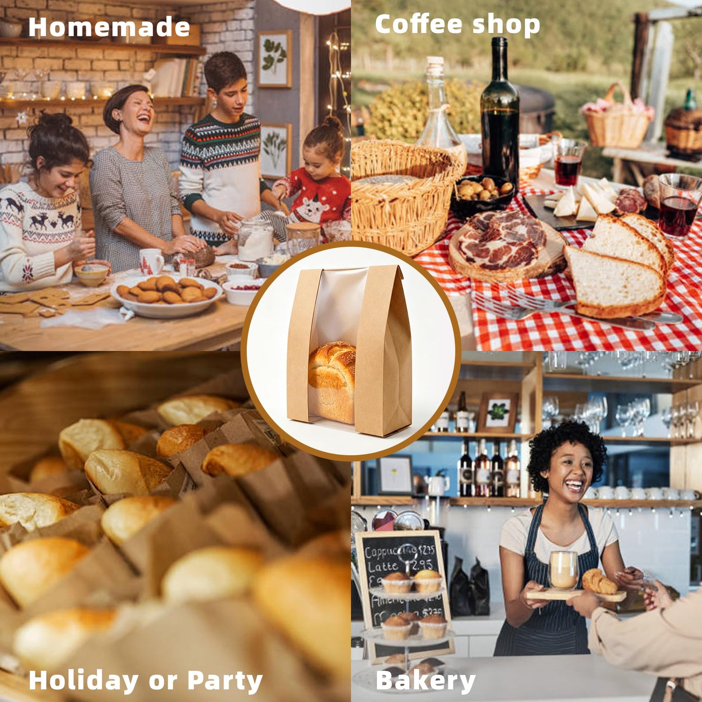 Homrelaxy 240pcs Paper Bread Bags for Homemade Bread, Sourdough Bag with Window, 13.7 x 8.3 x 3.5 Inch Large Brown Kraft Bakery Bags for Storing Loaves & Snacks, Includes 250 Sealing Stickers