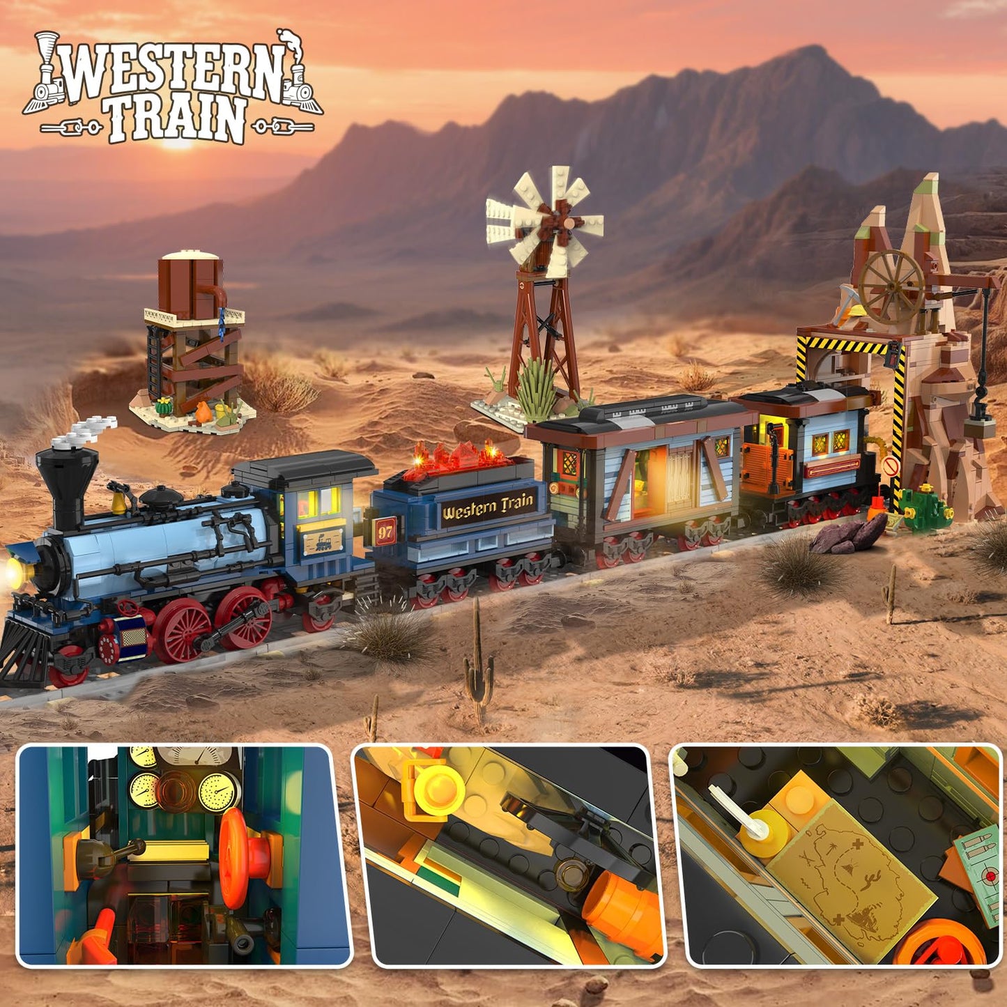 INSOON Western Train Building Set with Lights, 1912 PCS West Trains Static Display Model Toy with Tracks Windmill Water Tower, Home Office Decor Building Blocks for Adults Teens Big Boys Girls 12+
