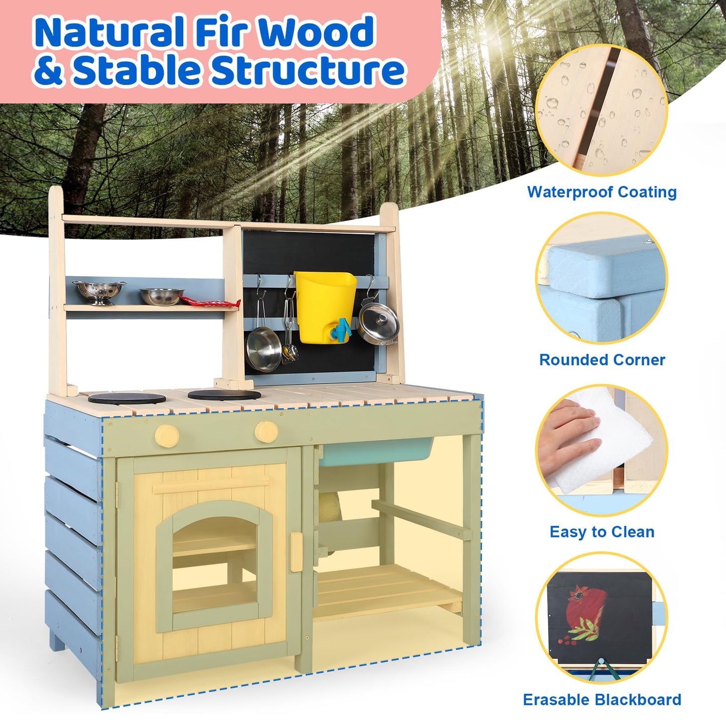 2 in 1 Wooden Mud Kitchen, Outdoor Play Kitchen with Removable Sink,Water Box & Faucet,Stove Top, Storage Bags& Metal Basket,Kitchen & Grocery Store Backyard Outdoor Pretend Kitchen for Kids