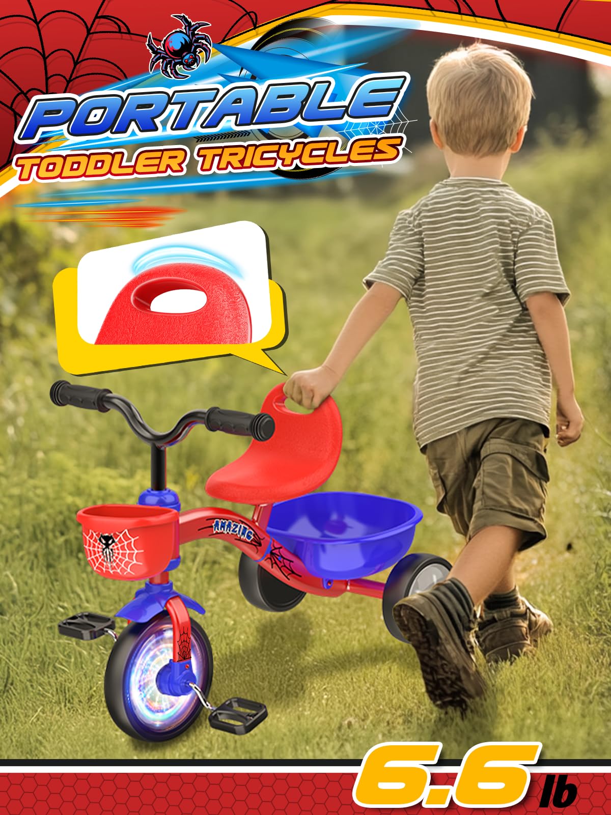 Tricycle Spider Bike Baby Balance with Colorful Lighting Wheels & Large Basket
