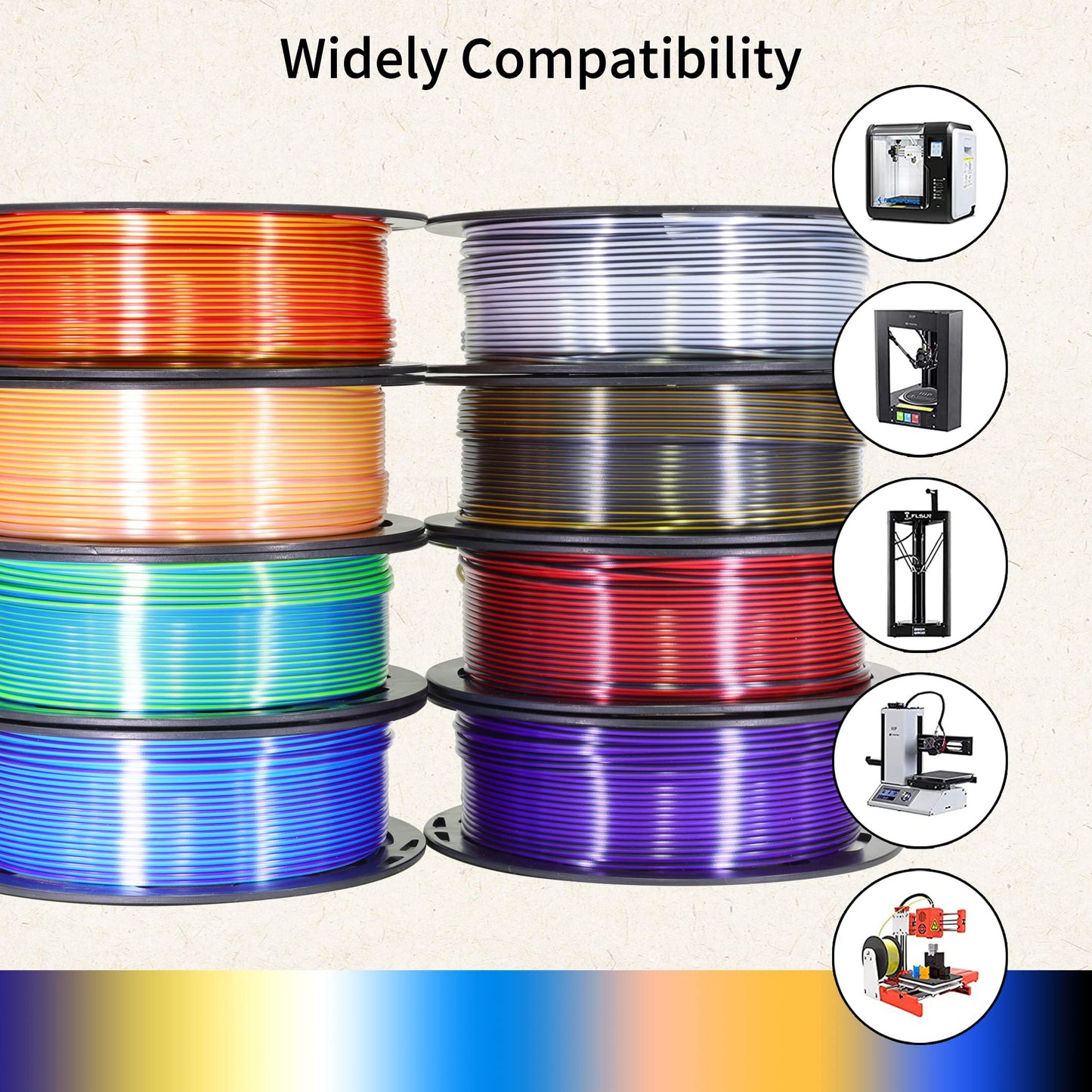 8 Spools Dual Color Silk PLA 3D Printer Filament Bundle, Silk White/Black, Red/Black, Gold/Black, Purple/Black, Purple/Blue, Red/Gold, Green/Blue, Yellow/Pink, 1.75mm Bicolor Silk PLA 250gX8