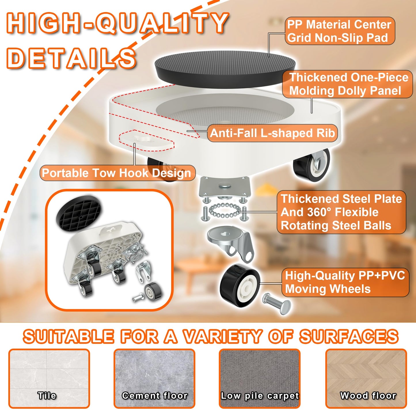 MUEA Furniture Dolly,Heavy-Duty Furniture Movers with Removable Center Pad,Non-Slip L-Edge & TPR Wheels,Moving for Round/Flat Leg Furniture–Includes Pry Bar,Gloves,Mat and Storage Bag(1200LBS)