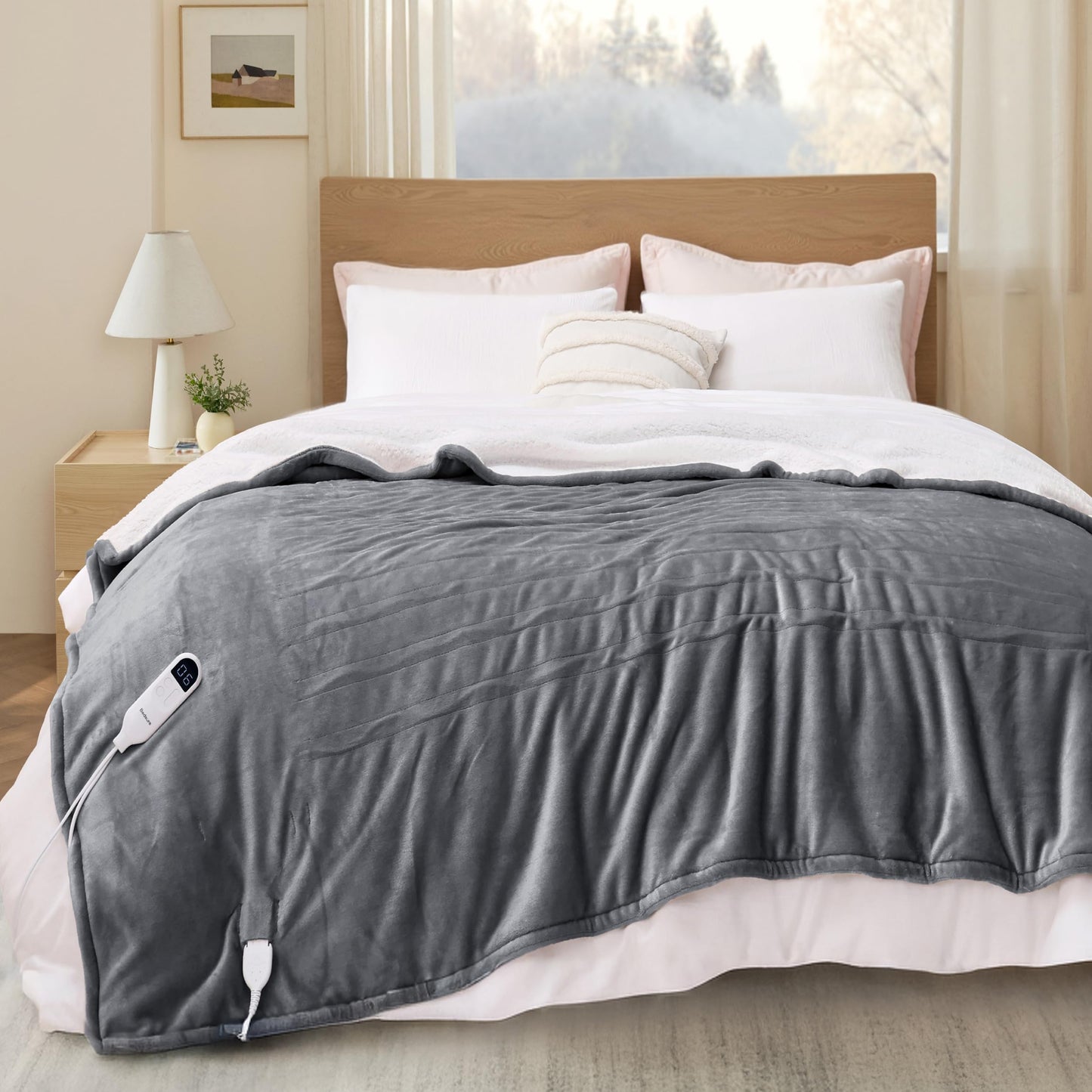 Bedsure Electric Blanket Full Size with Preheat Function - Soft Flannel Heated Blanket, Fast Heating with 6 Time Settings (up to 10H) & 6 Heat Settings, Grey, 72x84 Inches