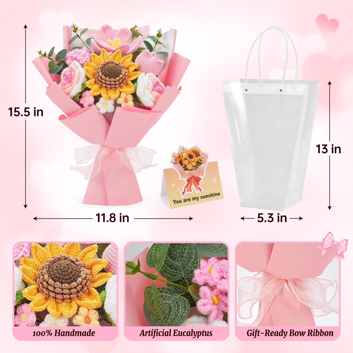 LETAAKA Crochet Flower Bouquet - Handmade Knitted Sunflower Crochet Flowers, Pink Crochet Bouquet Gift for Mom, Wife, Women, Mother's Day, Birthday, Graduation, Teacher Gifts with Gift Bag & Card