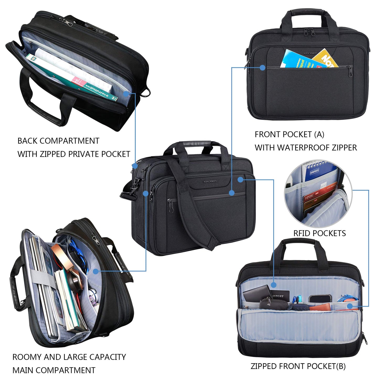 KROSER Laptop Bag Expandable Laptop Briefcase Fits Up to 17.3 Inch Laptop Water-Repellent Shoulder Messenger Bag Computer Bag for Travel/Business/Men/Women-Black