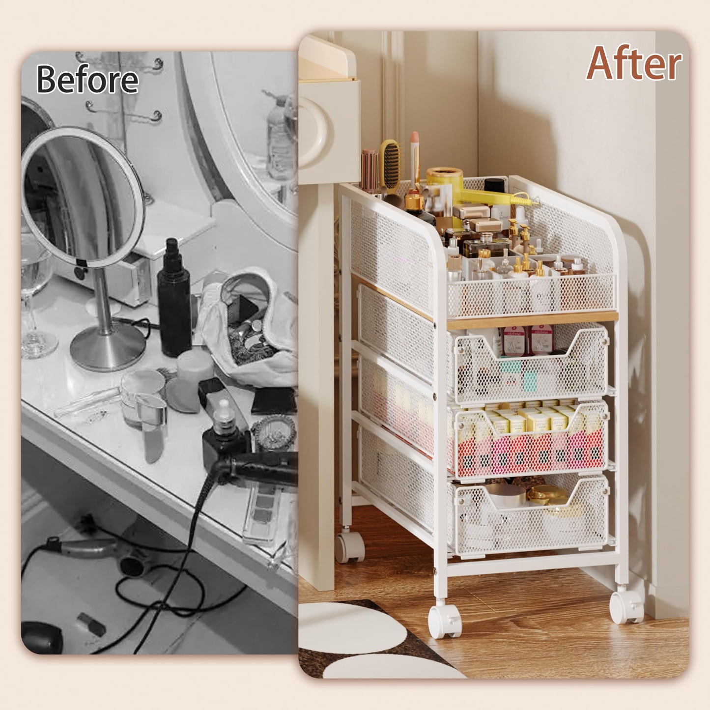 Rolling Makeup Cart Organizer with 3 Drawers, 4-Tier Narrow Floor Skincare Organizers with dividers, Vanity Organizer Cosmetics Display Cases for Makeup Brush, Hair Tool, White