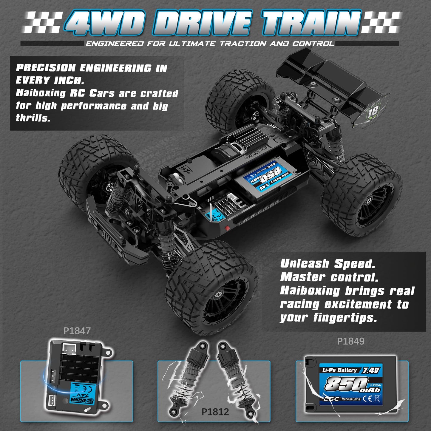 HAIBOXING 1:18 RC Car 18872 New Model RC Truck 4X4 Off-Road, 2.4GHz Remote Control Truck 36km/h Speed Splash Waterproof Electronics, Dual Li-Po Batteries Pre-installed and Spare in Box 35 Mins Runtime