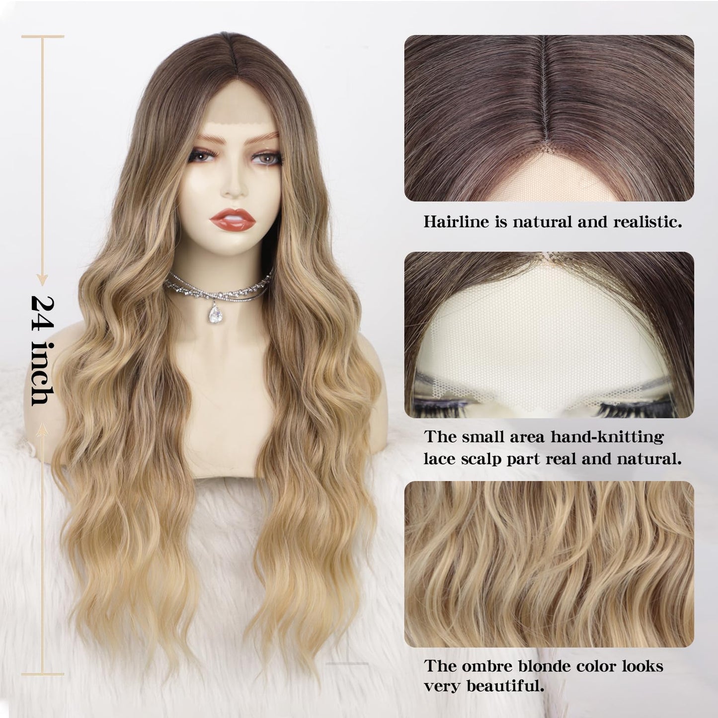 AISI QUEENS Long Blonde Wigs for Women, Ombre Blonde Curly Wavy Wigs, Synthetic Heat Resistant Fiber Wigs Hair Replacement Wigs for Daily Party Use 24 Inch