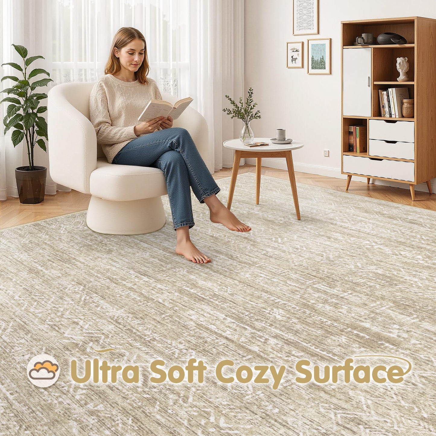 Washable Rug 6x9 Area Rugs: Modern Geometric Rugs for Living Room Non Slip Soft Low Pile Moroccan Indoor Carpet for Bedroom Nursery Dining Room Home Office Children's Room (Beige, 6'x9')