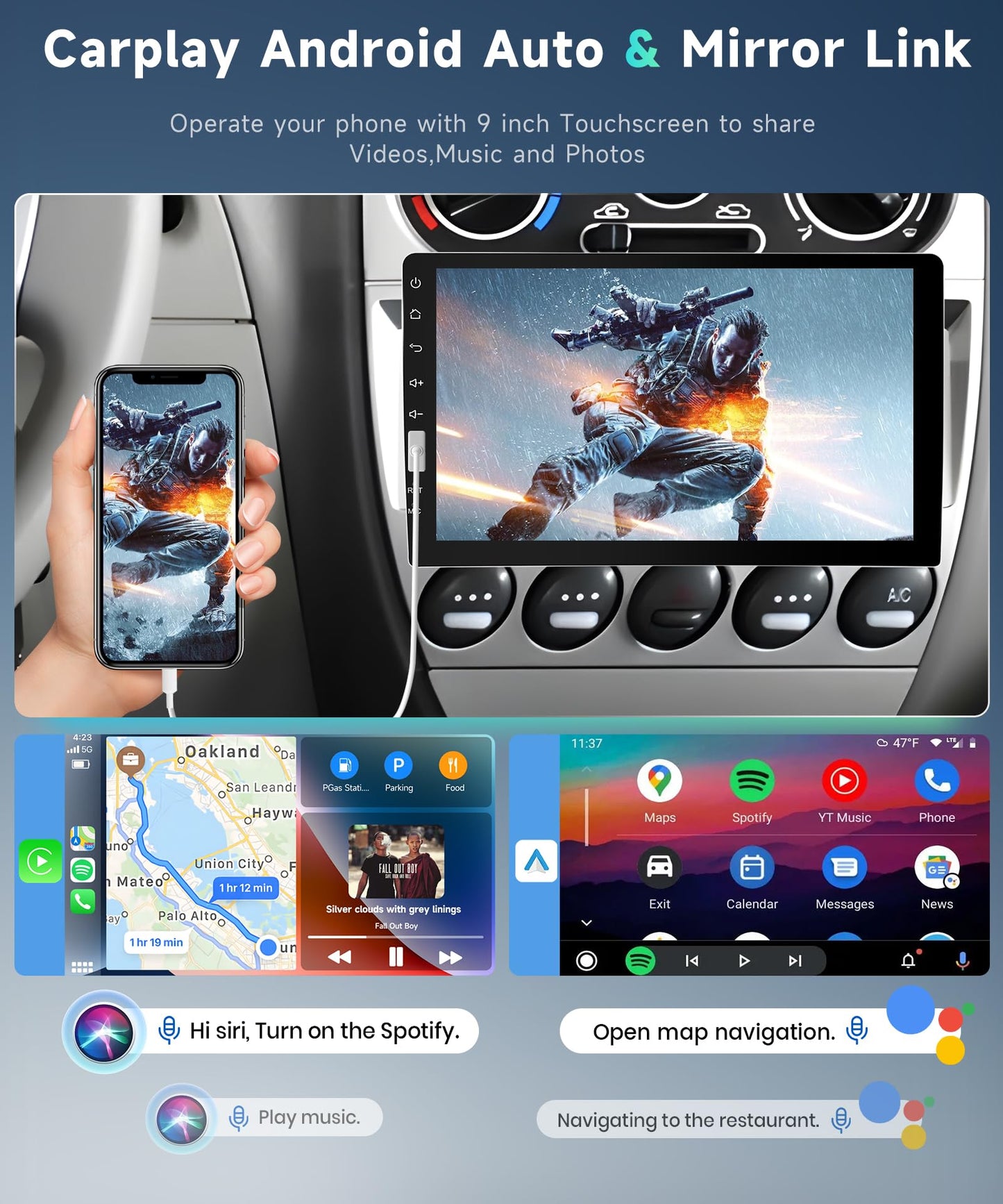 Single Din Carplay Car Stereo with Android Auto, Podofo 9 inch HD IPS Touchscreen Bluetooth Car Radio Supports FM/AM Radio Mirror Link SWC,Car Audio Receivers with Backup Camera/External Mic/USB