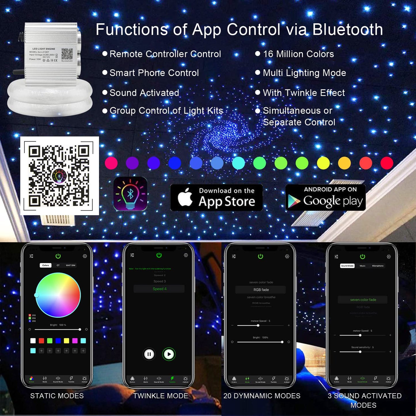 AKEPO Car Home Use APP Control Twinkle Fiber Optic Light Kit, 16W RGBW Dual Head Twinkle + Music Mode Star Ceiling Sky Light with 600 Strands 0.03in/0.75mm 9.8ft/3m Optical Fiber Cable