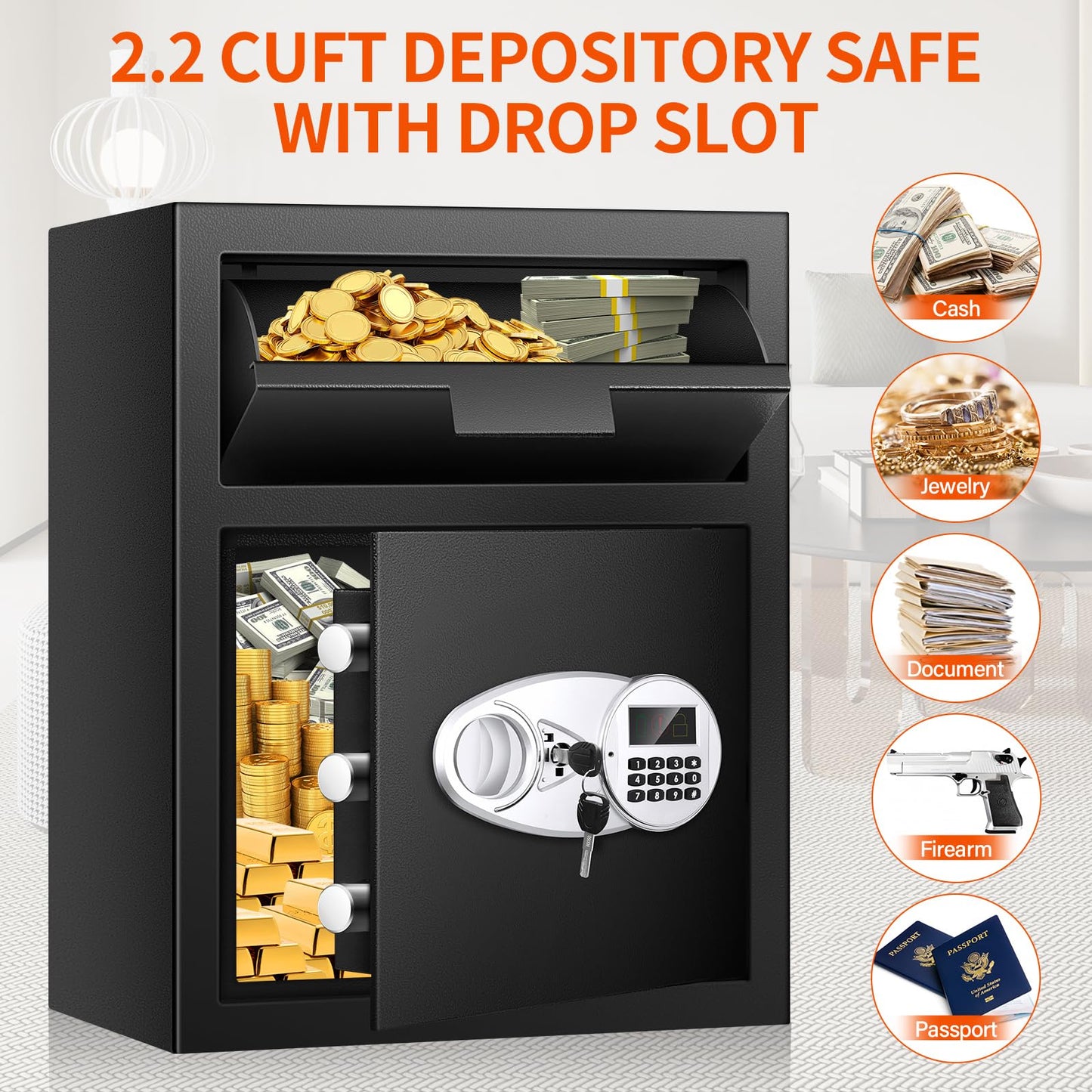 2.2 Cuft Depository Safe for Business with Quick Place Drop Slot, Cash Drop Safes with Digital Combination LCD Display and Anti-Fishing, Security Drop Safe for Cash, Mail, Checks, Document