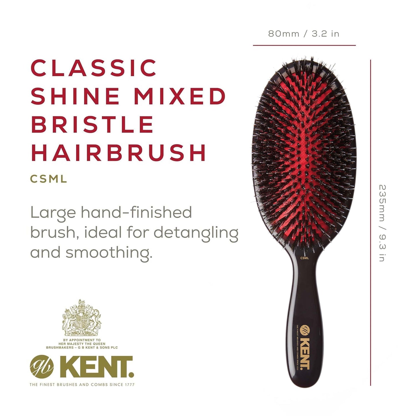 Kent CSML 9" Classic Shine Large Oval Cushion Straightening Brush - Natural Boar Bristle Hair Brush with Nylon Quills - Shine Hair Brush and Scalp Brush for Medium to Thick Hair (+ Hair Brush Cleaner)