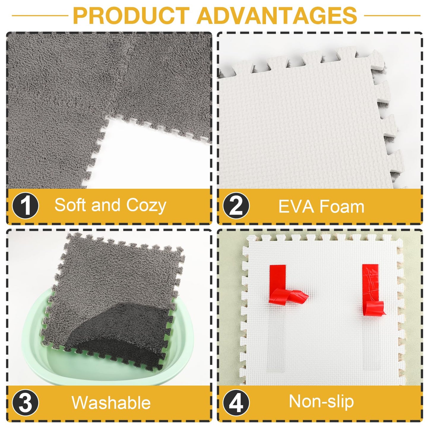 36 Pcs Plush Interlocking Carpet Tiles, Non-Toxic Shaggy Foam Carpet Tiles for Toddler Baby, Machine-Washable, Anti-Slip, EVA Foam Interlocking Tiles for Floor, Nursery, Playroom, Grey