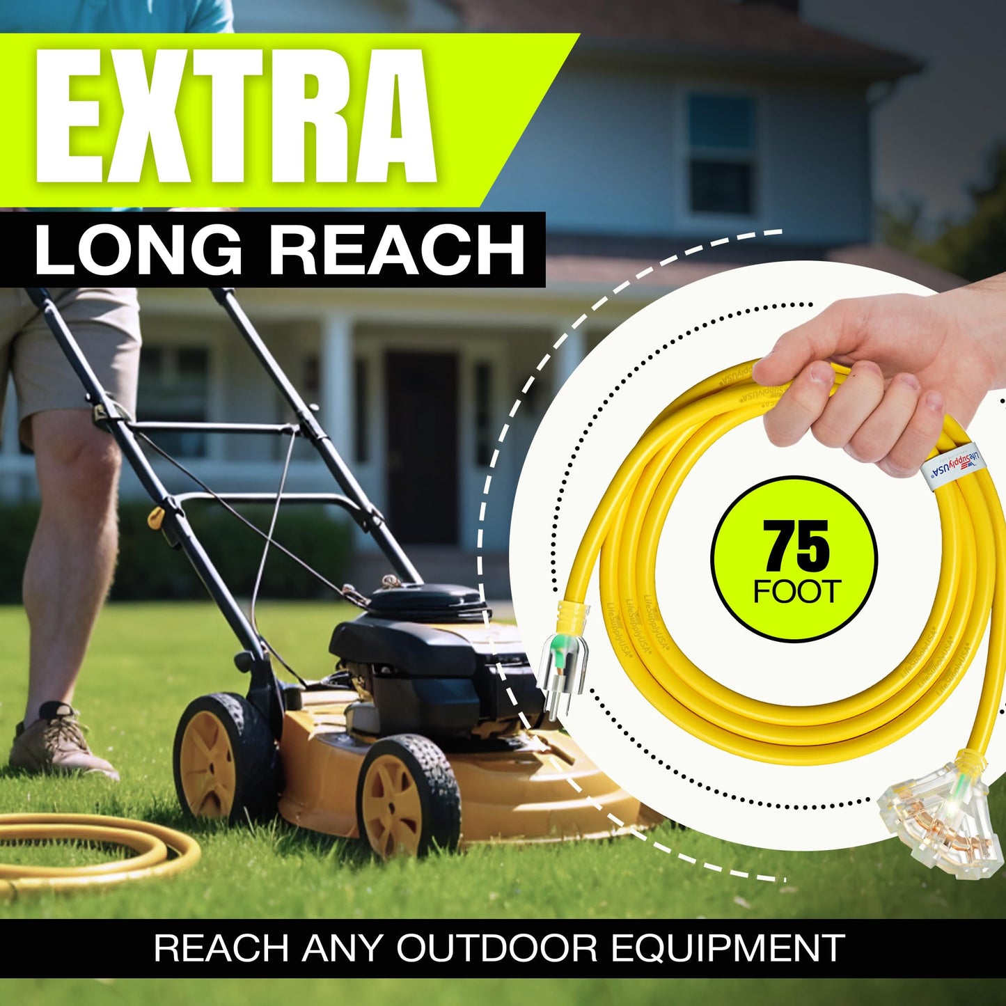75ft Outdoor/Indoor Extension Cord 3-Outlet 12/3 Gauge Extra Heavy Duty 3 Prong SJTW, Waterproof, Flexible Cold-Resistant Long Power Cord,125 Amp 1875W, Yellow by LifeSupplyUSA