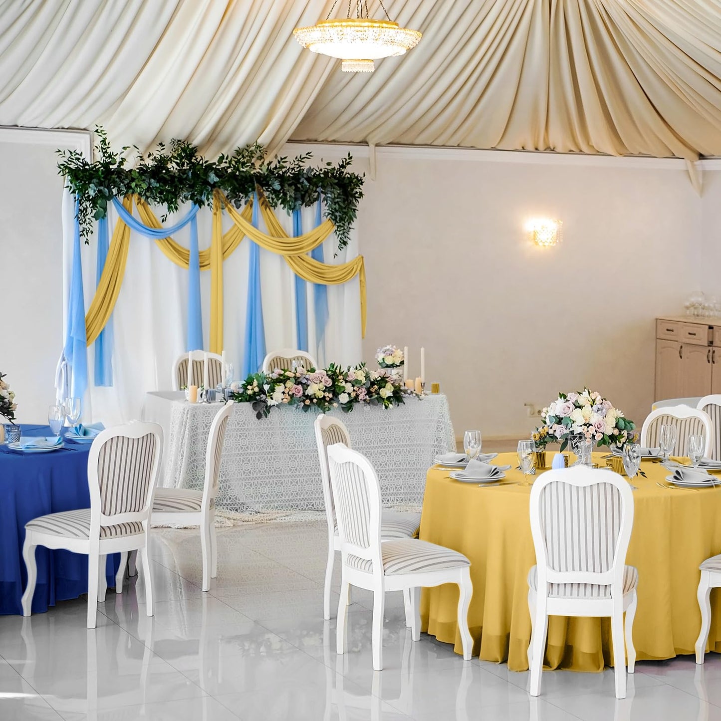 Buryeah 12 Pcs 84 Inch Navy Blue and Gold Round Plastic Disposable Table Cloth Waterproof Tablecloth Circle Table Covers for Passover Graduation Bridal Wedding Birthday Party Gender Reveal Baby Shower