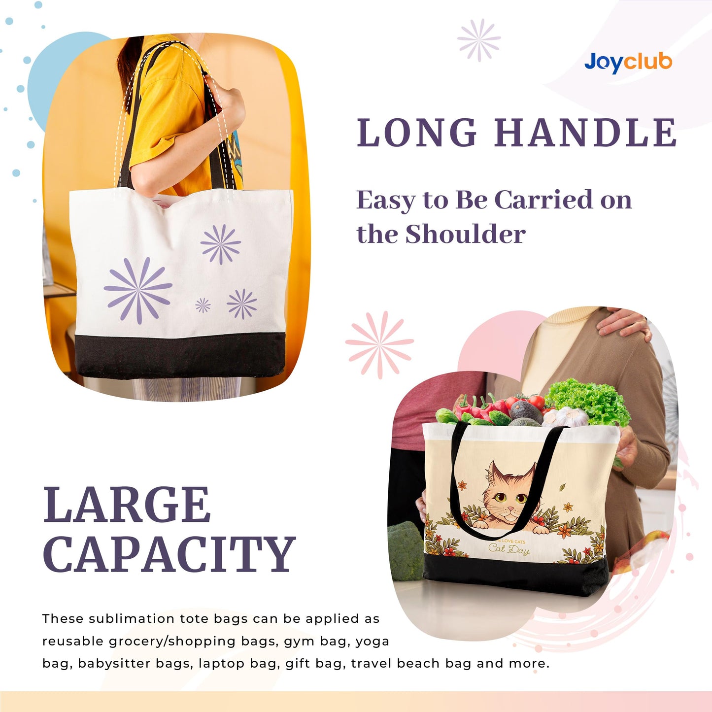 Joyclub 10 Pack Large Canvas Tote Bags Bulk Sublimation Blanks with Long Handle 18.5 x 15 x 4 inch Heavy Duty Totes Polyester Bags Wide Reusable Grocery for DIY Decorating Crafting Painting Shopping