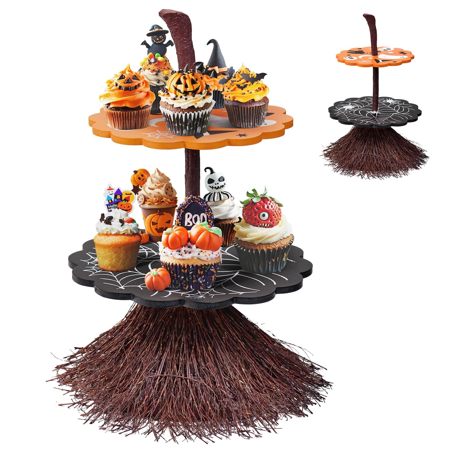 antiai 2 Tier Halloween Cupcake Stand Wooden Cake Dessert Stand Party Supplies Food Tray Decorations Ghost Cupcake Holder for Halloween Party Display Serving Dishes