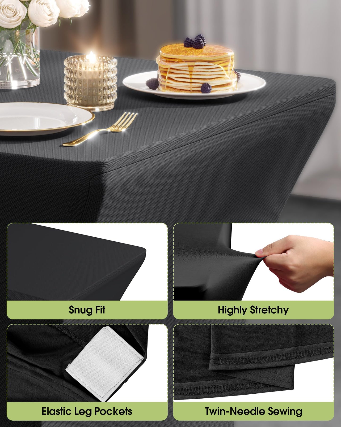 Pureegg Spandex Tablecloth 6ft - 6 Pack, Fitted and Stretch Table Cover for Rectangle Tables, Wrinkle-Resistant and Secure Fabric for Outdoor, Picnic, Party, Wedding, Banquet and Birthday, Black