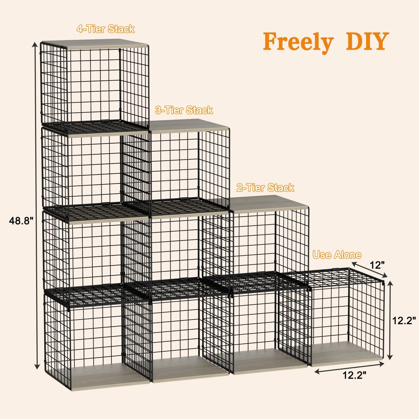4-Tier Stackable Closet Organizers and Storage Basket, Shelves with Wood Top, Foldable Clothes Storage Bin/Cube Drawer Organizer for Wardrobe, Space-Saving, Closet Organization,Black(Patent Pending) ๏ปฟ