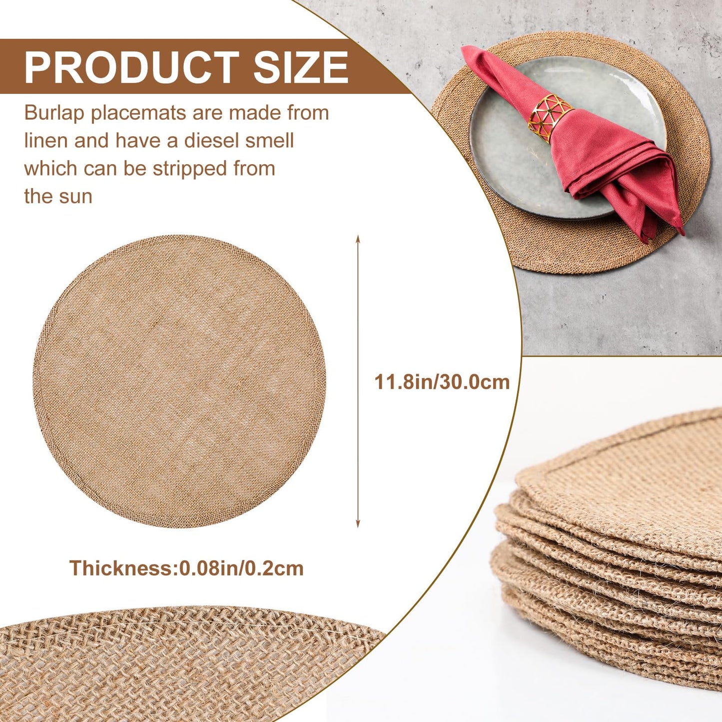 Yunlly Set of 48 Burlap Round Placemats Bulk Burlap Circle Rustic Table Decorations Jute Farmhouse Placemats Heat Resistant Round Table Mats Charger Place Mats for Christmas(11.8 in,Brown)