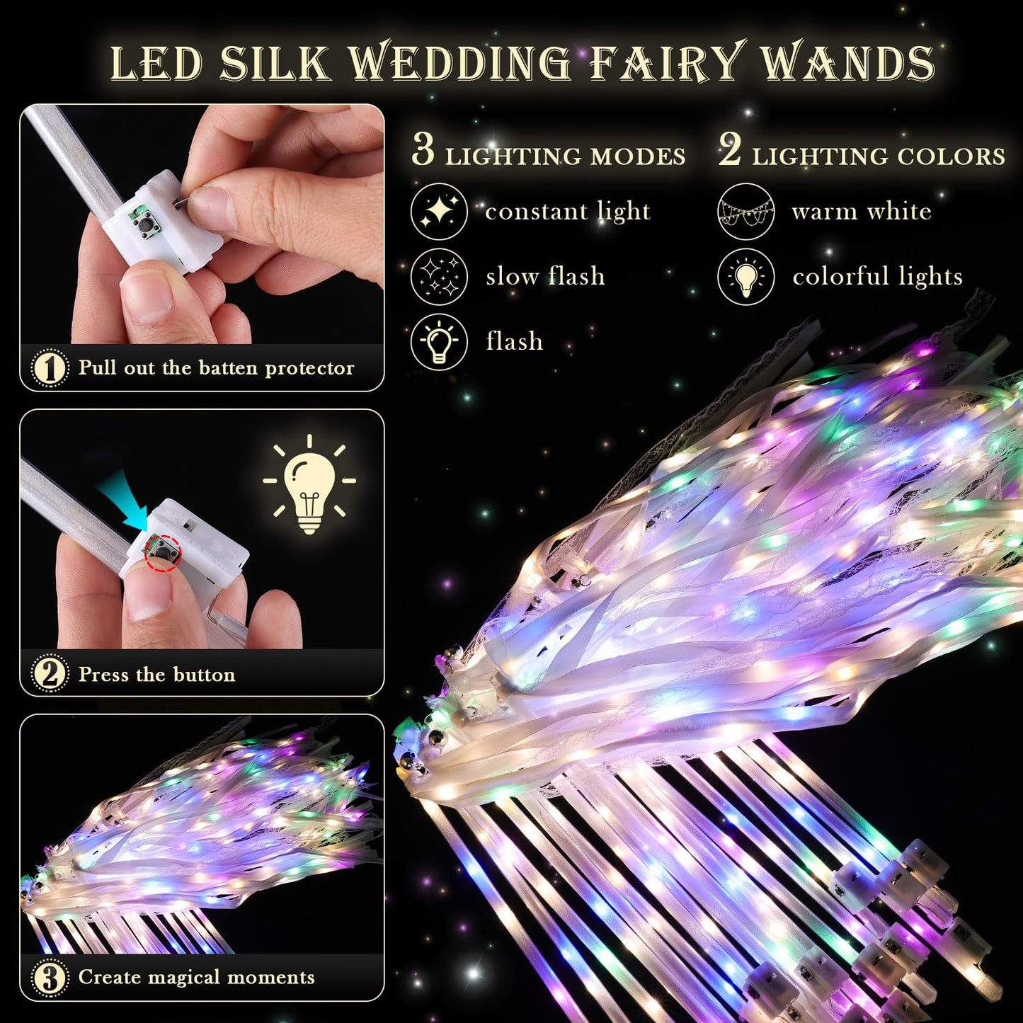 AUGFRYZIAN 58 Pieces Light up Wedding Wands with Ribbons & Bells –LED Silk Wedd Fairy Wands Streamers with Warm White & Colorful Lights for Wedding Send Off Ideas, Parties, and Celebrations