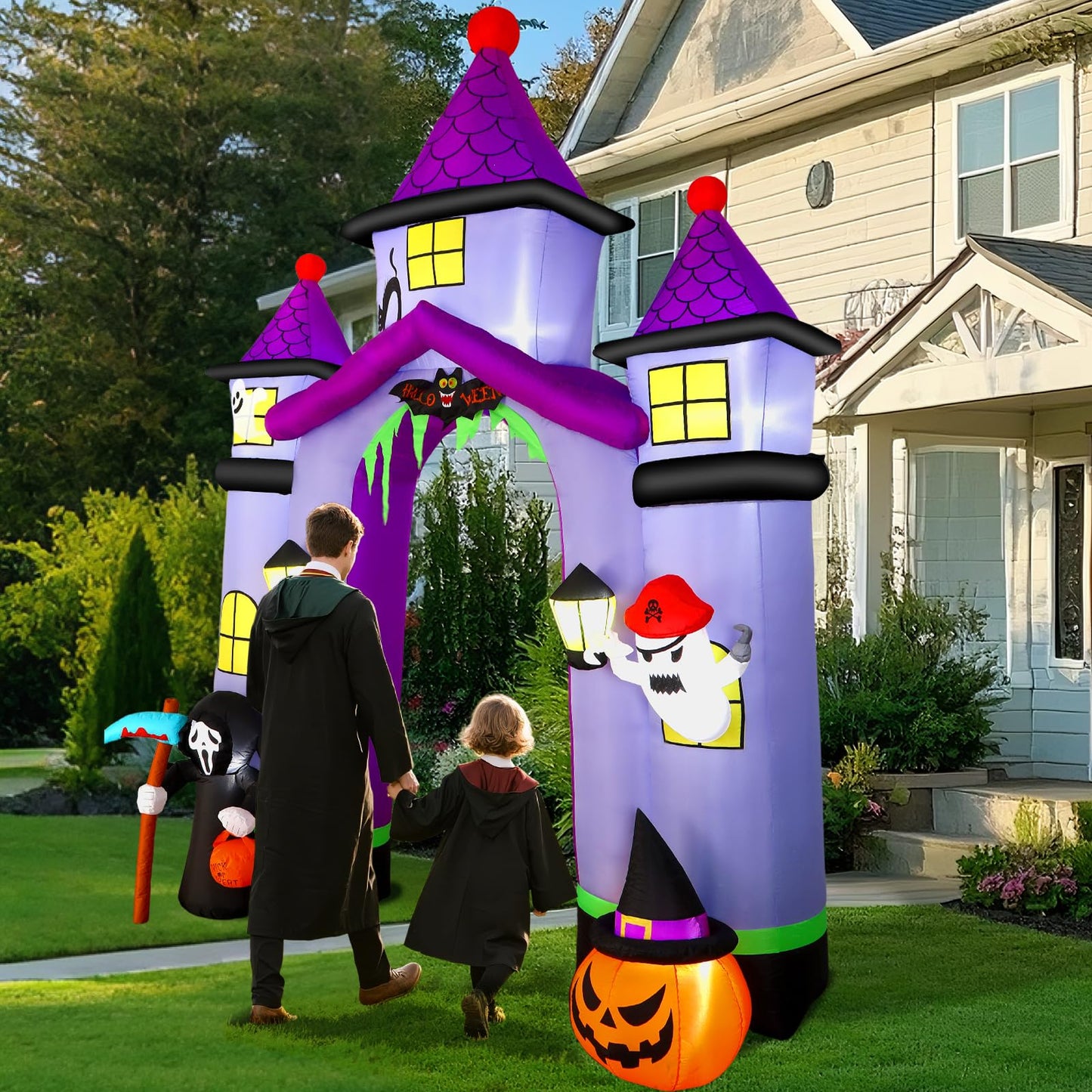 Alupssuc 11.6FT Halloween Inflatable Arch Outdoor Decoration with Built-in LEDs Lights, Large Blow Up Purple Castle Archway with Ghost & Pumpkin for Outside/Indoor Xmas,Yard,Garden,Lawn,Holiday Decor