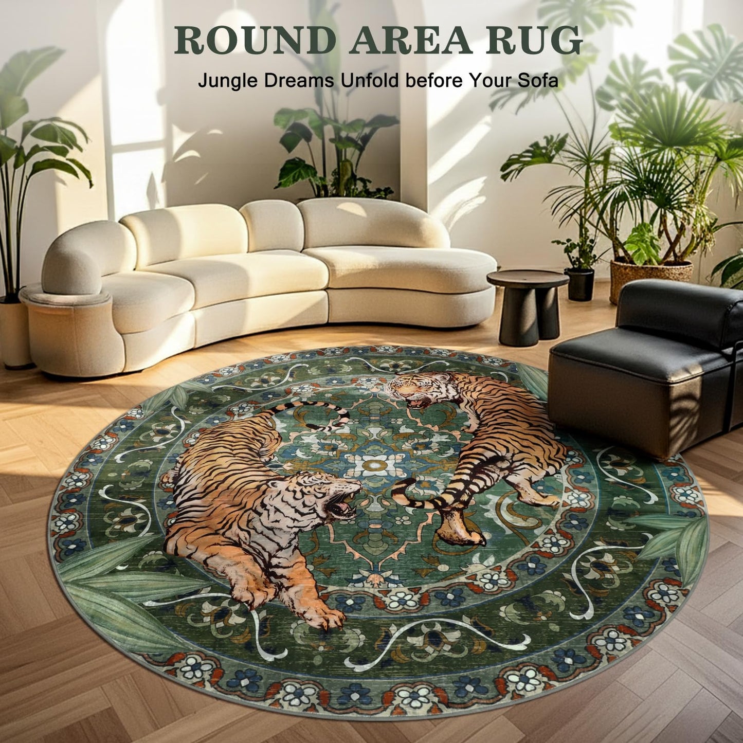 Geanlod Tiger Round Area Rugs for Living Room 6ft, Boho Green Animal Print Bedroom Circle Rugs Non Slip, Washable Botanical Jungle Floor Carpet for Dining Room Entryway Nursery Playroom Office Spring