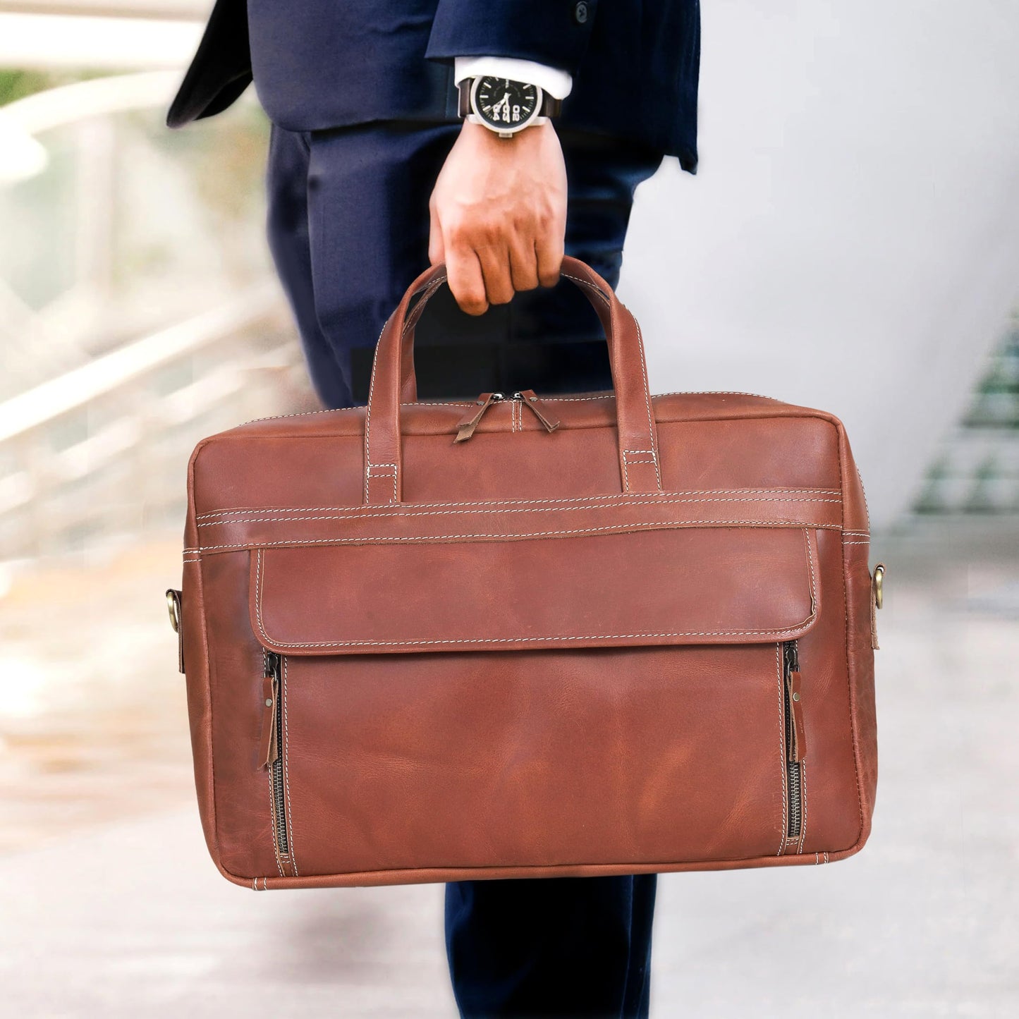 18 Inch Full Grain italian Leather Briefcase for Men, Top Choice Gifts, Handcrafted Laptop Bag (TAN) (16 inch)
