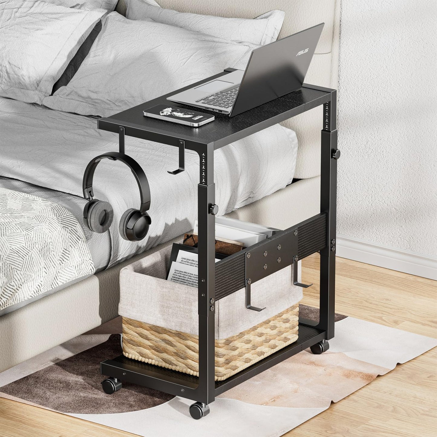 Computer Tower Stand - Height Adjustable PC Tower Stand CPU Holder Cart with Locking Wheels and 4 Hooks for Home Office, 23.03"-28.3" H, Black