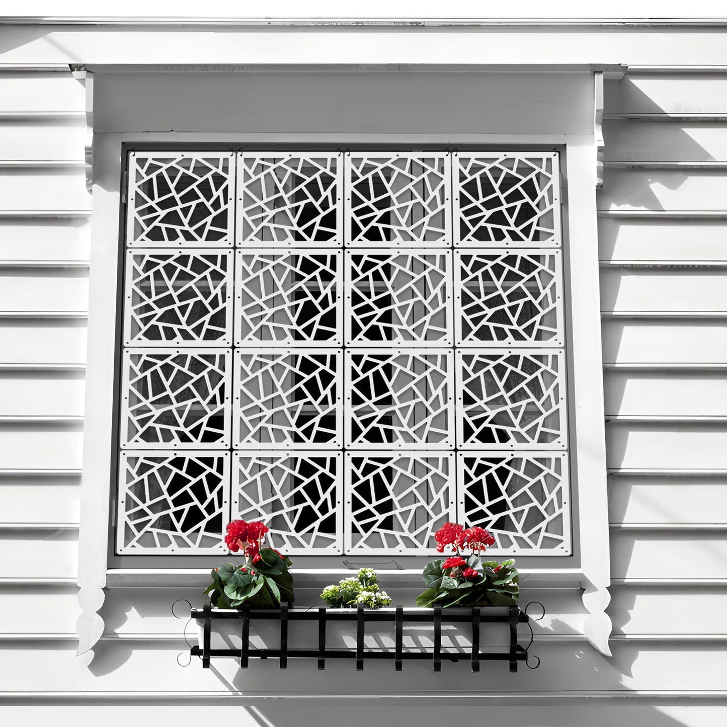 ANMINY 24 PCS Hanging Room Divider Decorative Thick Panels Floral Carving Wall Screen Hollow Out Design for Bedroom Living Dining Room Kitchen Office Restaurant Home Decor - White Geometric Patterns