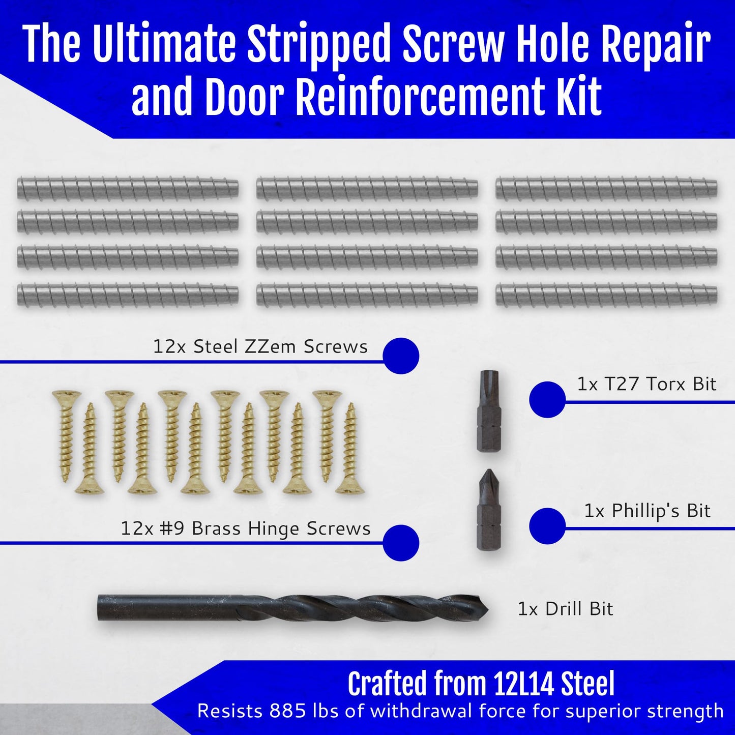 12-PK - #9x3 Steel Screws Permanent Door Hinge Repair Kit – Easy Stripped Screw Hole Repair – Reinforce Door Hinges, Strike Plates & Door Jamb Repair – Quickly Fix Stripped Hinge Screws - Made in USA