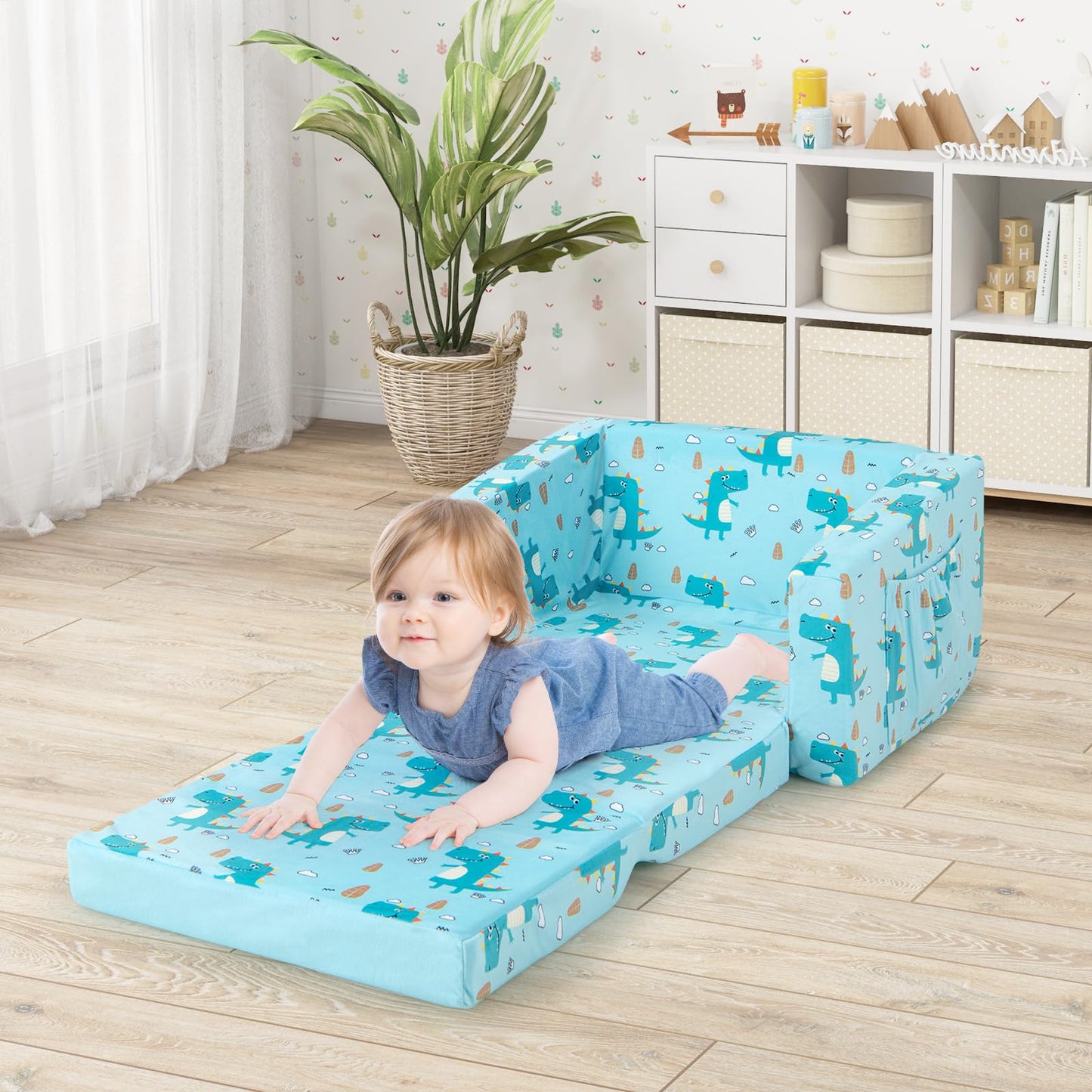 Costzon Kids Couch, 2 in 1 Flip Open Children's Sofa w/Velvet Fabric, Storage Pockets, Toddler Armrest Chair Bed for Nap Play Sleep, Ideal Gift for 0-4 Years Old Baby Boys Girls, Crocodile