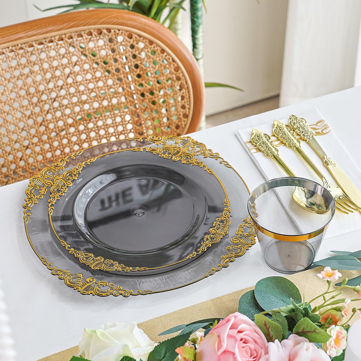 175 PCS Clear Black and Gold Plastic Dinnerware Set for 25 Guests, Disposable Fancy Dinner Plates with Gold Rim for Wedding Party, 25 Dinner and Dessert Plates, 75 Silverware, 25 Cups, 25 Napkins