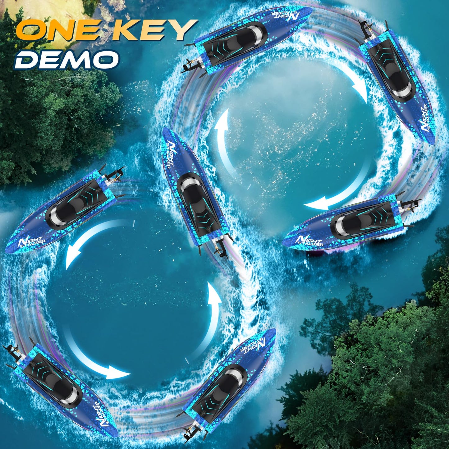 ARMEW RC Remote Control Boat with 7LED Light Modes for Adults Kids 8-12 Pool Lakes, Waterproof 25KMH Electric Fast Boat with Self-righting,Demo, Low Battery/Over Distance/Signal Interference Alarm
