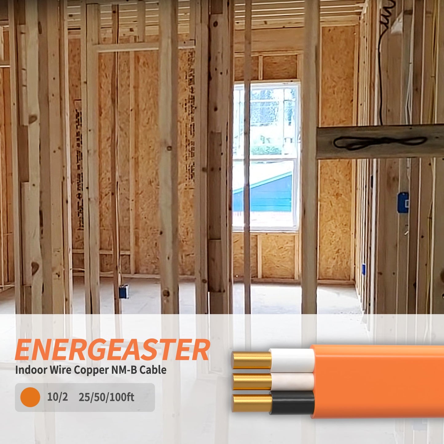 Energeaster 10/2 NM-B Wire,with Ground Indoor Electrical Copper Wire,10 Gauge Wire 2 Conductor Non-Metallic Sheathed Copper Cable(50FT Orange)