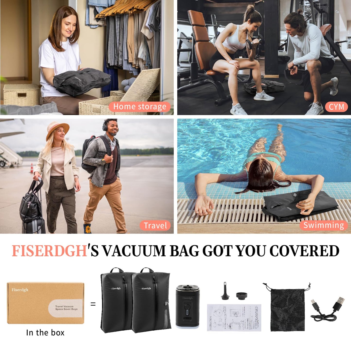 Vacuum Compression Bags for Travel with Electric Pump, Space Saver Vacuum Seal Bags for Clothing with IPX8 Waterproof Zipper, Reusable & No Odor for Suitcase and Backpack, Gray (2PC+Pump)