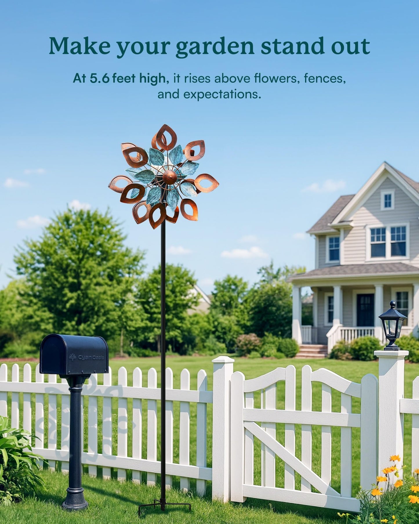 Cyan Oasis Copper Wind Spinners Outdoor 74 Inches with Solar LED Light, Kinetic Dual Wind Sculptures & Spinners for Yard Lawn Garden Decor, Large Metal Clearance Windmill with Bronze Leaf